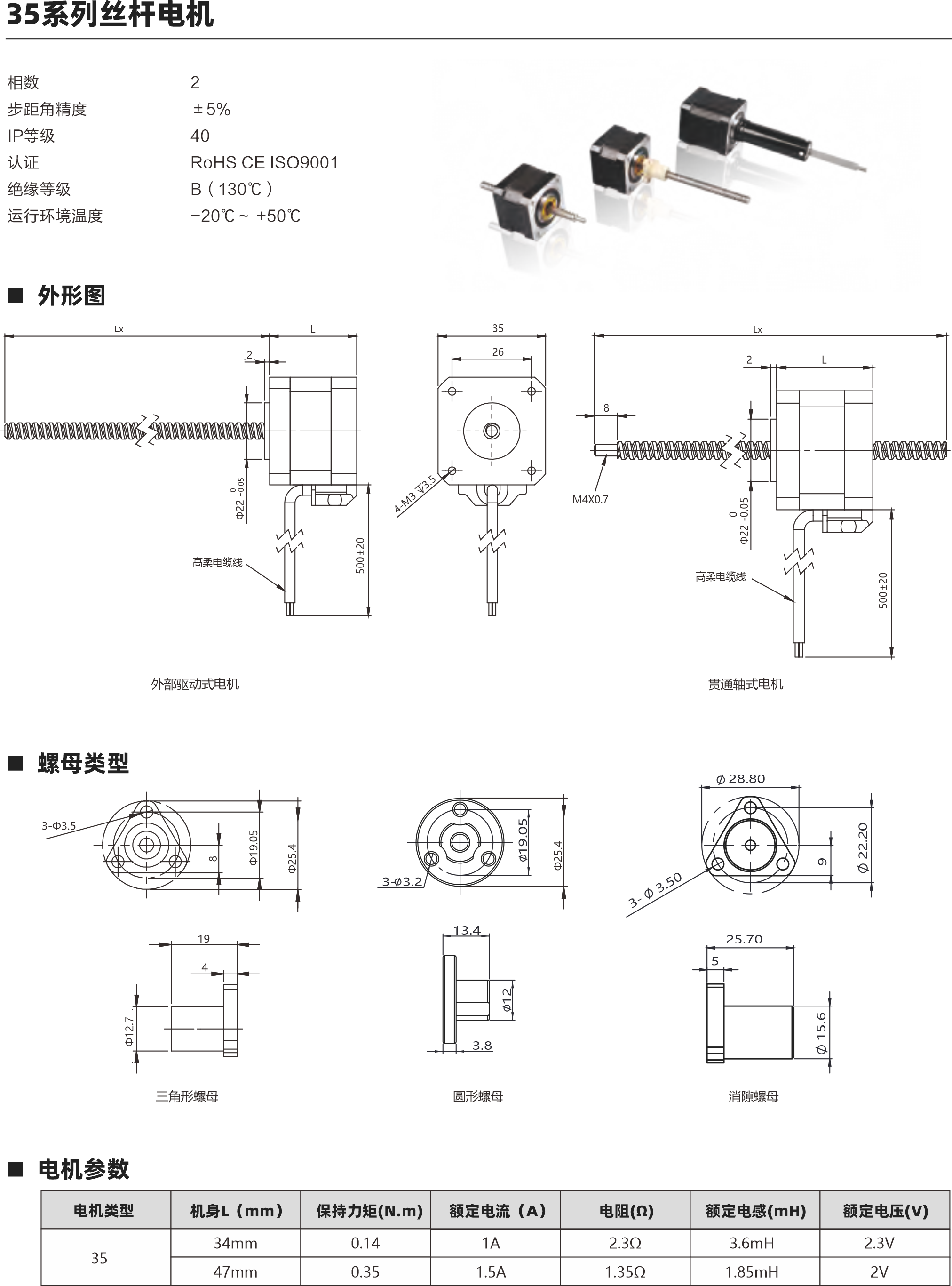 相數  步距角精度 IP等級  認證 絕緣等級 運行環(huán)境溫度 2 ±5％ 40 RoHS CE ISO9001 B（130℃） -20℃～ +50℃ 螺母類型 電機參數 28 34mm 0.06 1A 2.1Ω 1.4mH 2.1V 45mm 0.12 1A 3Ω 2.2mH 3V 51mm 0.18 1A 3.5Ω 3mH 3.5V 電機類型 機身L（mm） 保持力矩(N.m) 額定電流（A） 電阻(Ω) 額定電感(mH) 額定電壓(V)