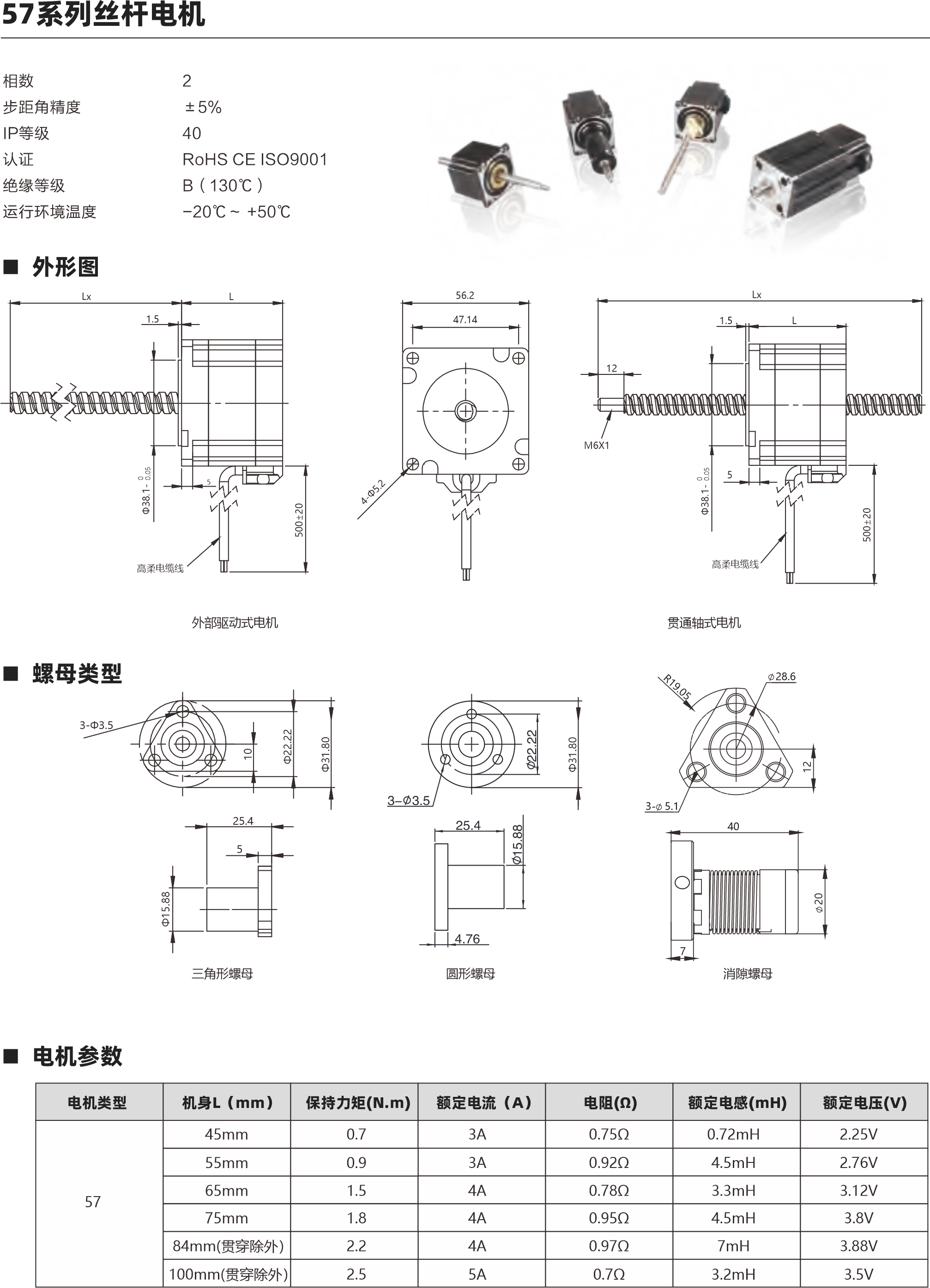 57系列絲桿電機(jī) 57系列絲桿電機(jī) 動態(tài)推力曲線圖 外形圖  相數(shù) 步距角精度 IP等級  認(rèn)證 絕緣等級 運行環(huán)境溫度 2 ±5％ 40 RoHS CE ISO9001 B（130℃） -20℃～ +50℃ 螺母類型 電機(jī)參數(shù) 57 45mm 0.7 3A 0.75Ω 0.72mH 2.25V 3A 0.92Ω 4.5mH 2.76V 4A 0.78Ω 3.3mH 3.12V 電機(jī)類型 機(jī)身L（mm） 保持力矩(N.m) 額定電流（A） 電阻(Ω) 額定電感(mH) 額定電壓(V) 絲桿參數(shù) 0.375 0.635 0.025 0.003175 9.525 0.02-0.03mm 0.375 1.27 0.05 0.00635 9.525 0.02-0.03mm 0.375 1.5875 0.0625 0.0079375 9.525 0.02-0.03mm 0.375 2.1167 0.083 0.0105835 9.525 0.02-0.03mm 0.375 2.54 0.1 0.0127 9.525 0.02-0.03mm 0.375 3.175 0.125 0.015875 9.525 0.02-0.03mm 0.375 4.232 0.167 0.02116 9.525 0.02-0.03mm 0.375 5.08 0.2 0.0254 9.525 0.02-0.03mm 0.375 6.35 0.25 0.03175 9.525 0.02-0.03mm 0.375 9.525 0.375 0.047625 9.525 0.02-0.03mm 0.375 10.16 0.4 0.0508 9.525 0.02-0.03mm 0.375 12.7 0.5 0.0635 9.525 0.02-0.03mm 0.375 25.4 1 0.127 9.525 0.02-0.03mm 絲桿直徑(inch) 直徑(mm) 導(dǎo)程(mm) 導(dǎo)程(inch) 步長1.8°(°) 螺母軸向間隙 55mm 0.9 65mm 1.5 75mm 1.8 4A 0.95Ω 4.5mH 3.8V 4A 0.97Ω 7mH 3.88V 5A 0.7Ω 3.2mH 3.5V 2.2 84mm(貫穿除外） 100mm(貫穿除外） 2.5 25.4 5 3-Φ3.5 三角形螺母 外部驅(qū)動式電機(jī) 貫通軸式電機(jī) 57系列 45mm機(jī)身 速度與推力曲線 57系列 55mm機(jī)身 速度與推力曲線 脈沖pps 轉(zhuǎn)速rpm 200 60 400 120 600 180 800 240 1000 300 1200 360 1400 420 1600 480 1800 540 脈沖pps 轉(zhuǎn)速rpm 200 60 400 120 600 180 800 240 1000 300 1200 360 1400 420 1600 480 1800 540 1200 1000 800 600 400 200 0 1600 1400 1200 1000 800 600 400 200 0 1.27 2.54 5.08 10.16 25.4 1.27 2.54 5.08 10.16 25.4 1.5 Lx L 高柔電纜線 5 56.2 47.14 M6X1 Lx L 高柔電纜線 1.5 12 5 7 3- 5.1 28.6 40 圓形螺母 消隙螺母 57系列 75mm機(jī)身 速度與推力曲線 脈沖pps 轉(zhuǎn)速rpm 200 60 400 120 600 180 800 240 1000 300 1200 360 1400 420 1600 480 1800 540 2000 1600 1200 800 400 0 2.54 5.08 10.16 12.7 25.4 57系列 65mm機(jī)身 速度與推力曲線 脈沖pps 轉(zhuǎn)速rpm 200 60 400 120 600 180 800 240 1000 300 1200 360 1400 420 1600 480 1800 540 1600 1400 1200 1000 800 600 400 200 0 2.54 5.08 10.16 12.7 25.4 建議負(fù)載上限900N 建議負(fù)載上限900N 建議負(fù)載上限900N 建議負(fù)載上限900N 步進(jìn)直線傳動產(chǎn)品制造商 Linear stepper motor provider 步進(jìn)直線傳動產(chǎn)品制造商 Linear stepper motor provider 以上曲線是有雙極性 斬波恒流驅(qū)動 100%工作電流40Vdc條件進(jìn)行測試。